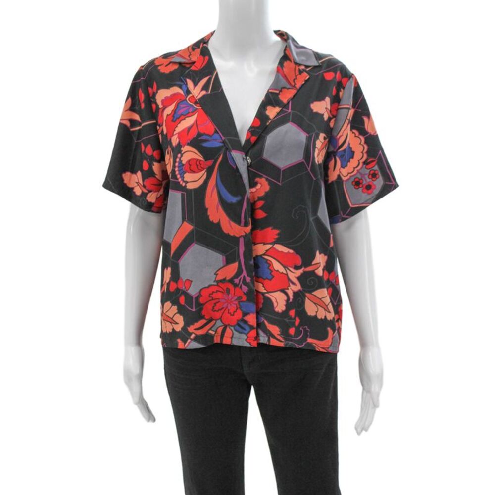Muze Womens Black Floral Collared Short Sleeve Button-Up Top Size 8